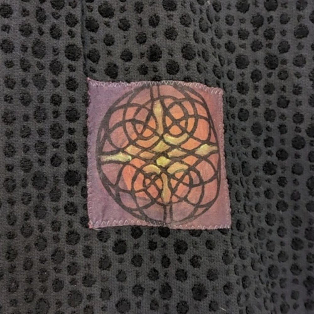 Vtg Blue Fish Black Cotton Chenille Dot Lagenlook Duster Art Patch Longline Coat - Picture 9 of 16